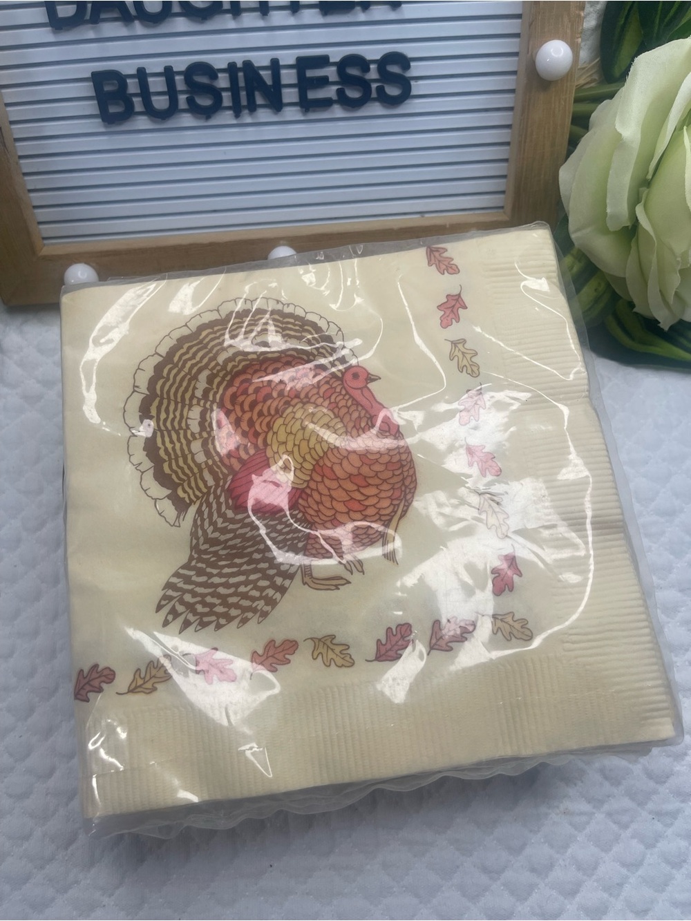 Decorative Turkey Print Cocktail Napkins - Cream and Pink